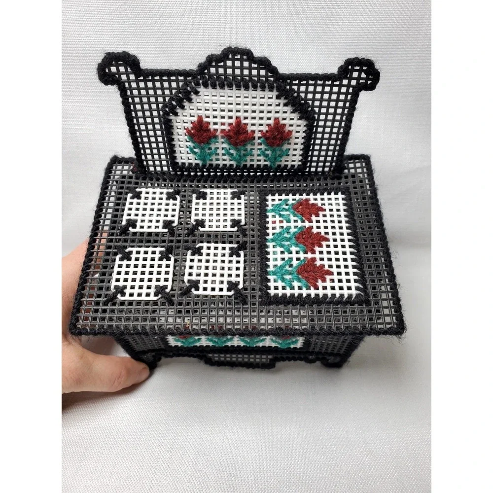 Vintage Plastic Canvas Trinket Chest Handmade Needlepoint Floral Cottagecore‎